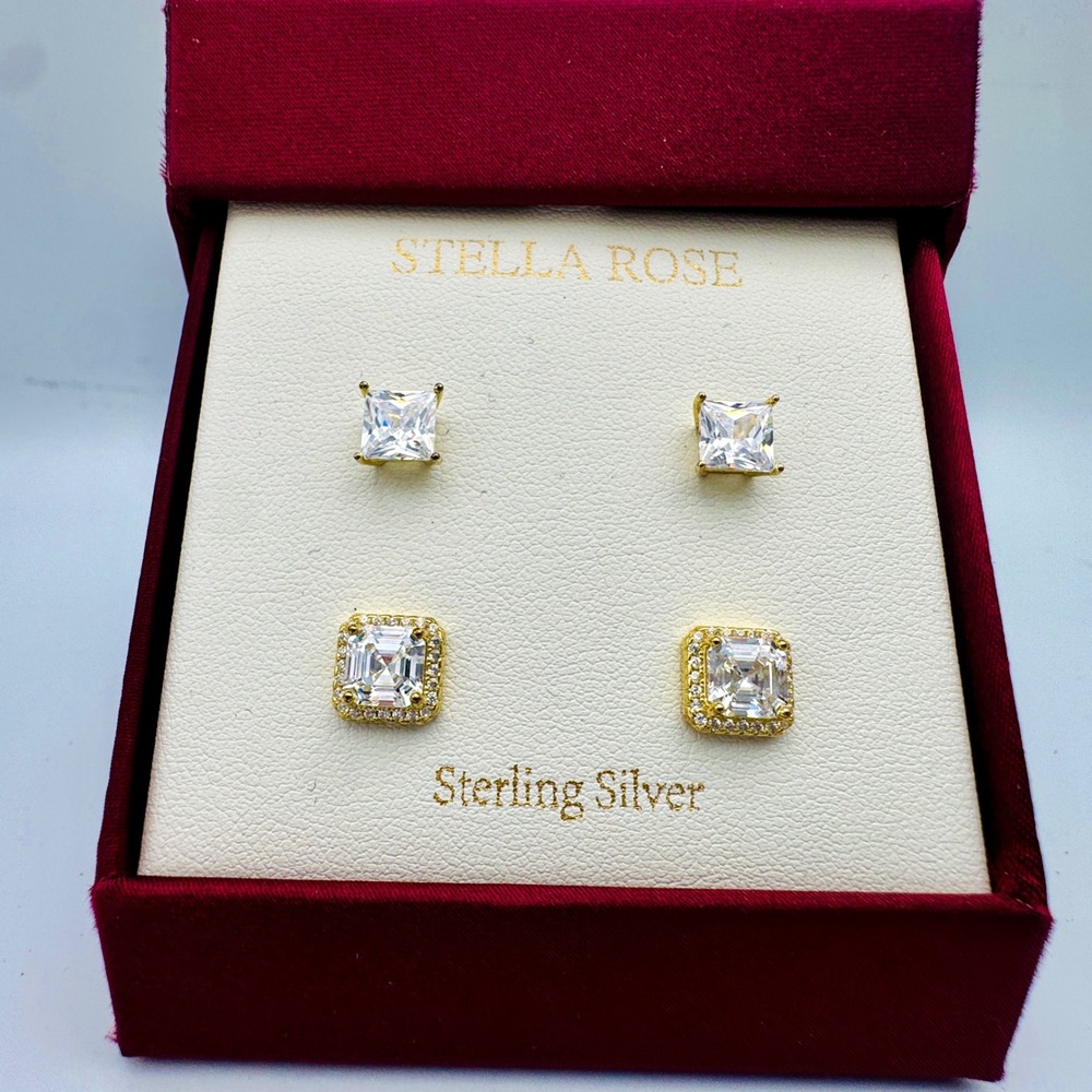 Stella Ross Earrings Sterling Silver Vermeil Studs Cubic Zirconia Halo Set 2pk
